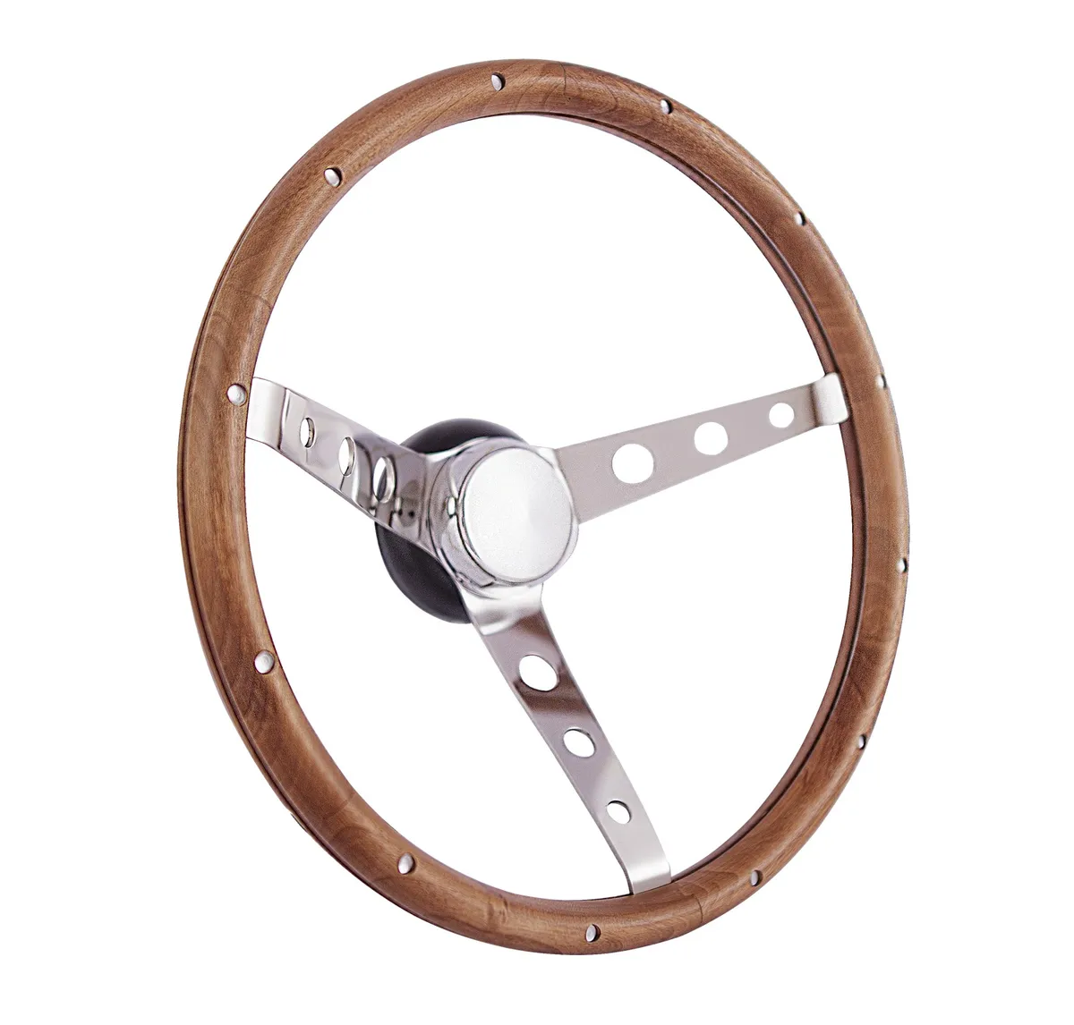Classic Wood Steering Wheel; 15 in. Diameter; 4 1/8 in. Dish; Walnut Finish w/Anodized Aluminum Rivets; Chrome 3-Spoke Design; product image