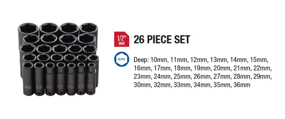 1/2" Drive Metric 6 Point Deep 26-Piece Impact Socket Set product image