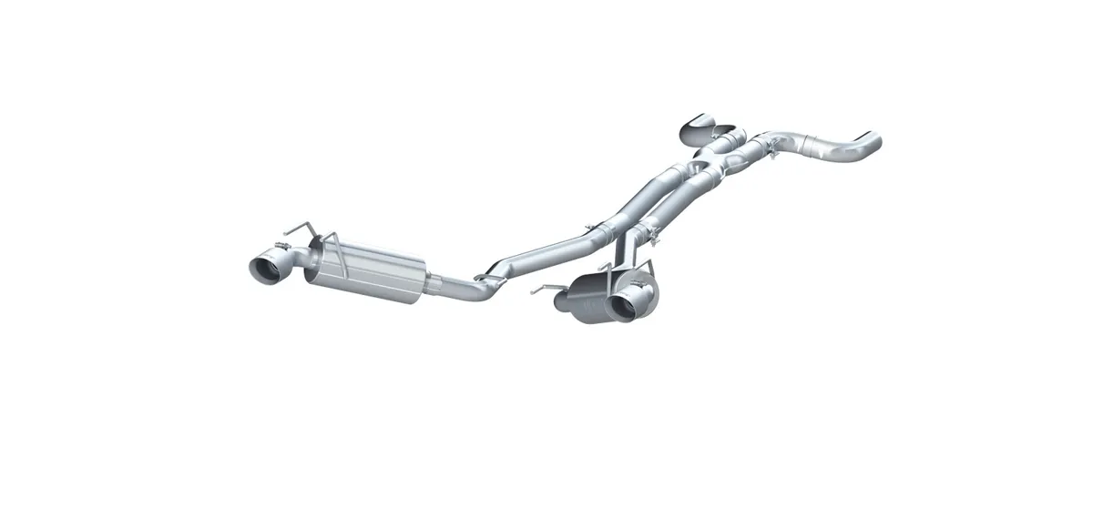 Armor Pro Cat Back Exhaust System; 2.5 in.; Incl. Front Pipe/X-Pipe/Tailpipes/Mufflers/4 in. OD Round Tips; Dual Split Rear Exit; T304 Stainless Steel; product image