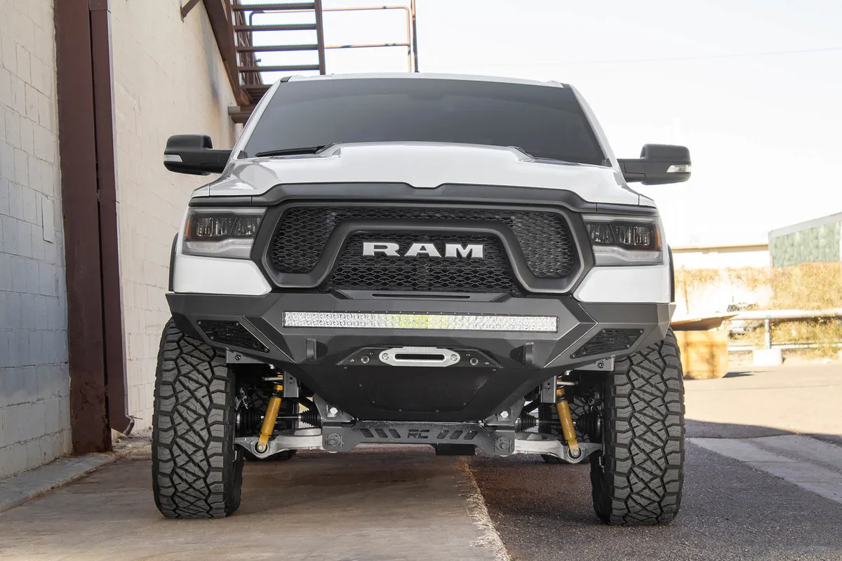 The RAM Rebel Has Never Looked Better With The Stealth Fighter Front Bumper. a Radius Steel Plate Design Gives Your RAM Truck Added Front End Protection Without All The Extra Bulk. Matching The RAM Rebel Factory Body Lines The Stealth Fighter Front Bumper product image