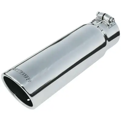 Flowmaster Exhaust Tip, Logo Embossed Polished Stainless, Rolled Edge Angle Cut, 3.50" Tip dia. x 3.00" Pipe dia. x 12.00" Length, Clamp On: ea