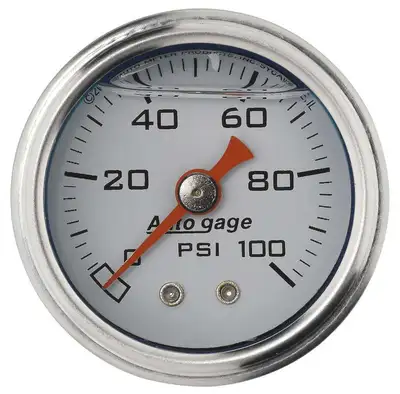 AutoMeter Gauge, Pressure, 1.5" direct mnt, 100psi, Liquid Filled Mech, Wht, 1/8" NPTF Male