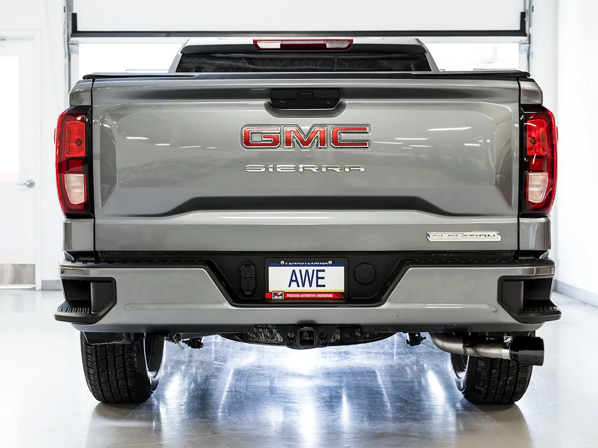 AWE 0FG Catback Split Rear Exit Exhaust for 4th Gen Silverado/Sierra 1500 5.3L (With Bumper Cutouts) - Quad Chrome Silver Tips product image