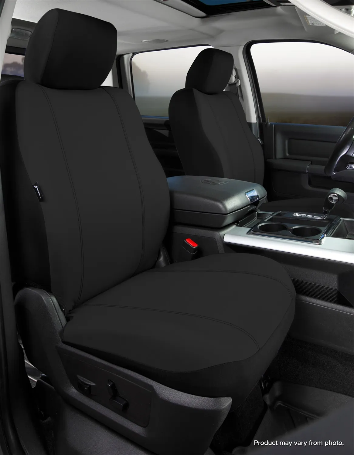 Seat Protector™ Custom Seat Cover; Poly-Cotton; Black; Bucket Seats; Adjustable Headrests; Side Airbag And Armrest On Driver Side Only; product image