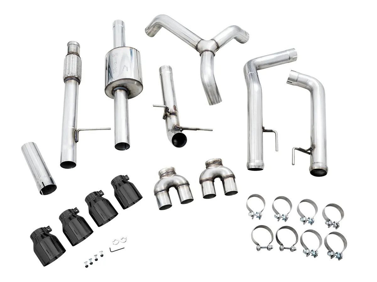 AWE 0FG Catback Split Rear Exit Exhaust for 4th Gen Silverado/Sierra 1500 5.3L (With Bumper Cutouts) - Quad Diamond Black Tips product image