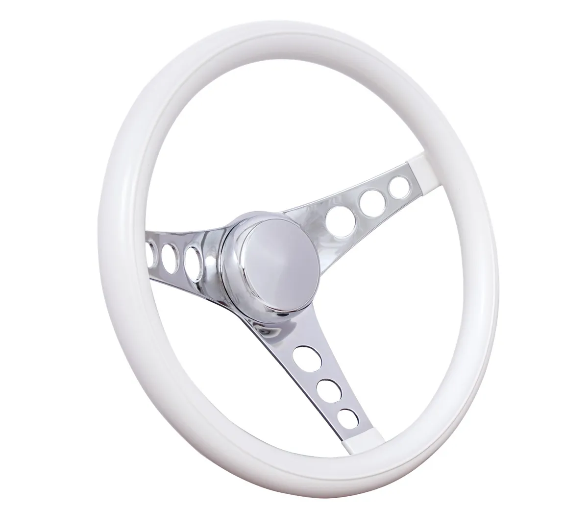 Classic Series Steering Wheel; 12 1/2 in. Diameter; 3 1/2 in. Dish; White Grip; Chrome 3-Spoke Design; product image
