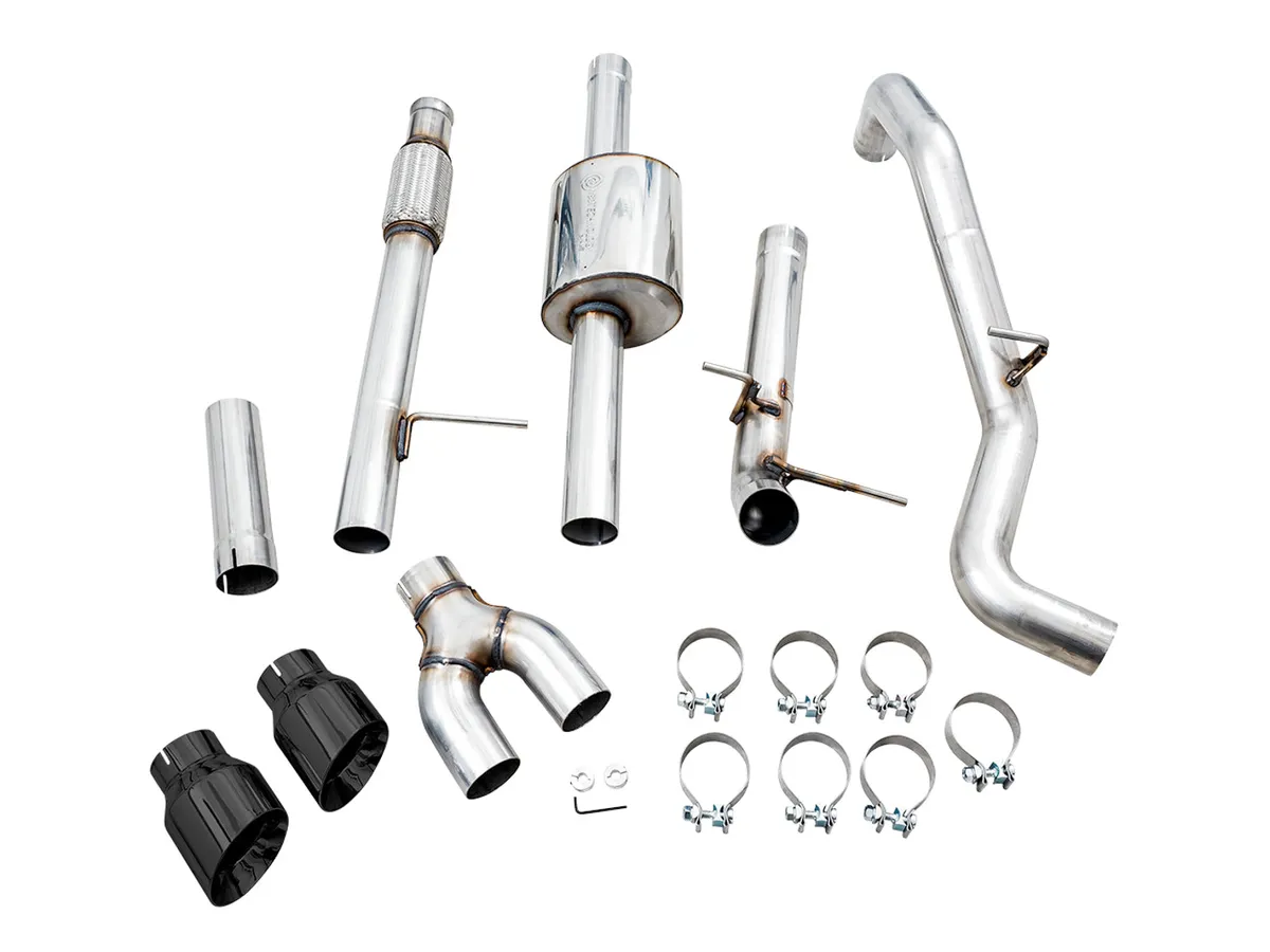 AWE 0FG Catback Split Rear Exit Exhaust for 4th Gen Silverado/Sierra 1500 5.3L (With Bumper Cutouts) - Quad Chrome Silver Tips product image