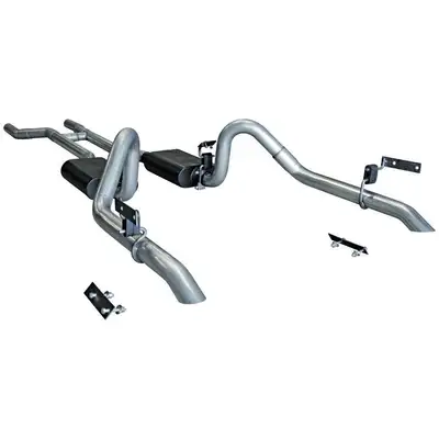Flowmaster 67-70 Ford Mustang V-8 (Does Not Fit Convertibles or Staggered Shock Models) 2.50in Mandrel Bent Tubing From Trans X - Member Back Incl. H-Pipe Hardware Super 44 Series Mufflers American Thunder DOR Exits Turned Down Before Rear Valance 16 Gauge A