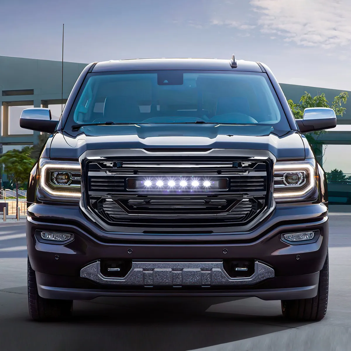 Armor Grille W/ Off-Road Lights & Outer Frame Surround - Glossy Black For 2016-2018 GMC Sierra 1500 product image