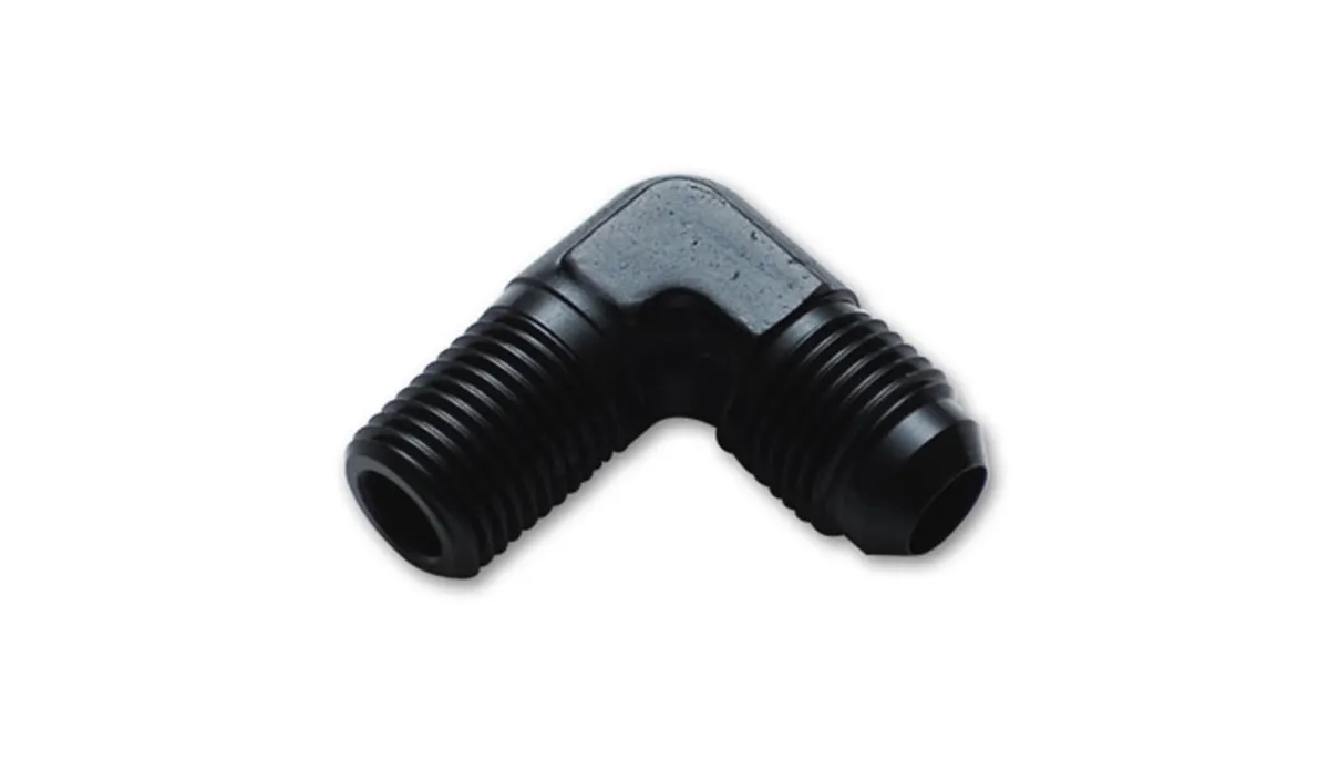 90 Degree AN to NPT Adapter Fitting; -4AN x 0.125 in. NPT; 6061 Aluminum; Black Anodized; product image