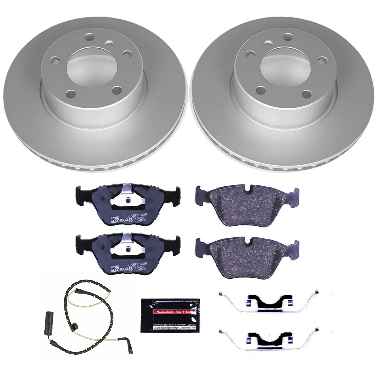 Euro-Stop Kit: Genuine Geomet Fully Coated Rotors; Ece-R90 Certified Pads W/Hardware; Pad Sensors product image