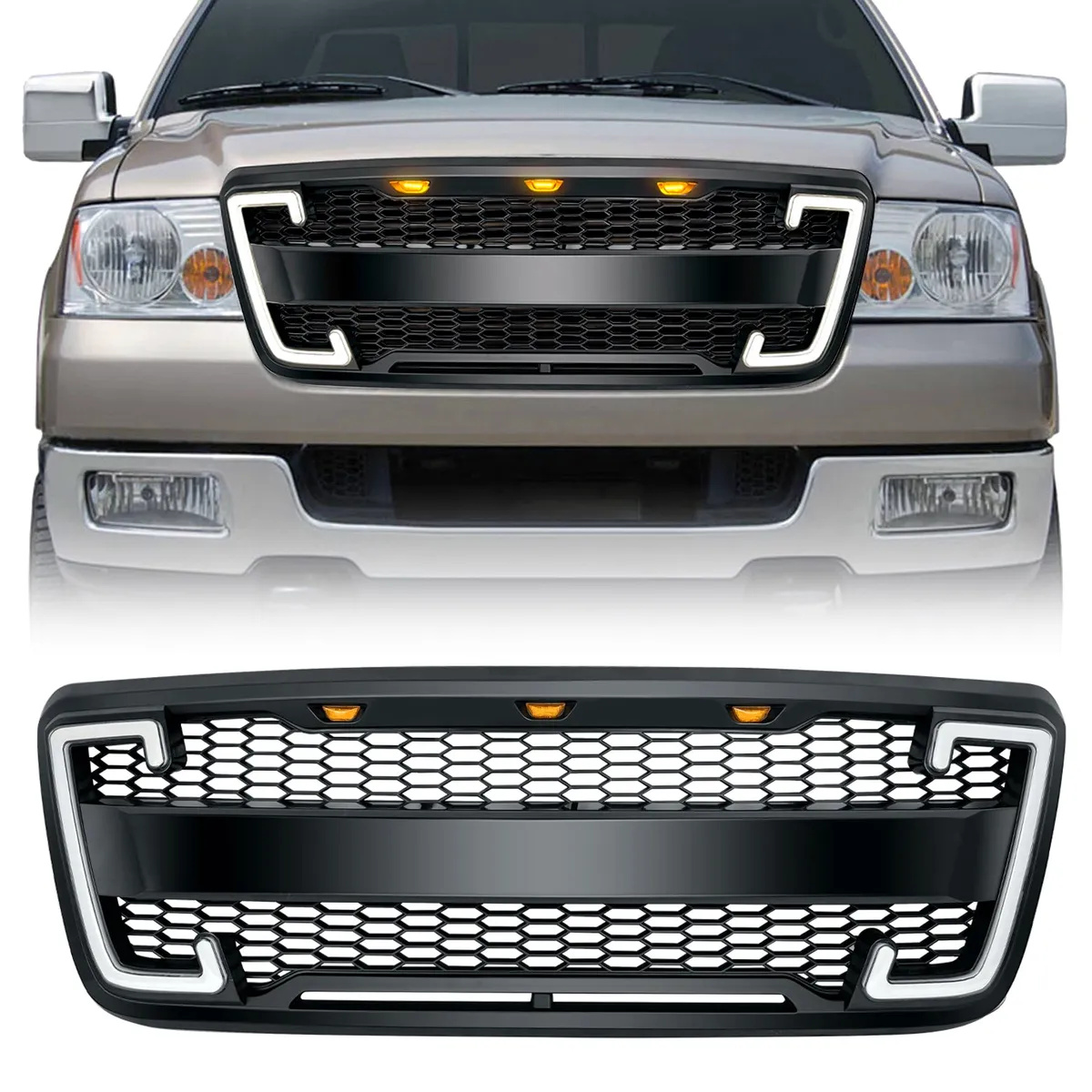 Raptor Style Mesh Grille W/ DRL & Turn Signal Lights - Matte Black For 2004-2008 Ford F150 product image