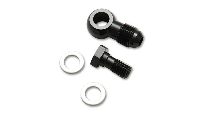 Vibrant Performance Banjo Hose End Fitting Assembly; -6AN Banjo Size; M10x1.0 Metric Bolt Size; 6061 Aluminum; Black Anodized; Single Male;