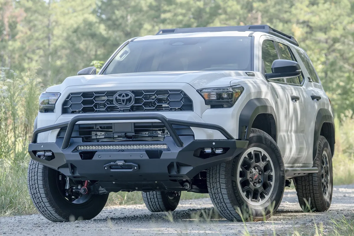 Matrix Front Bumper; w/ Pre-Runner Guard; Matte Black Powder Coat; Steel; 30 in. Light Bar/ Four 2x3 LED Pod Lights; Incl. D-Ring Mounts; product image