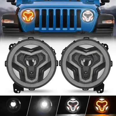 LED Factory Mart Warrior Style 9 Inch LED Headlights With Halo DRL & Turn Signals For 2018-Later Jeep Wrangler JL & Gladiator JT