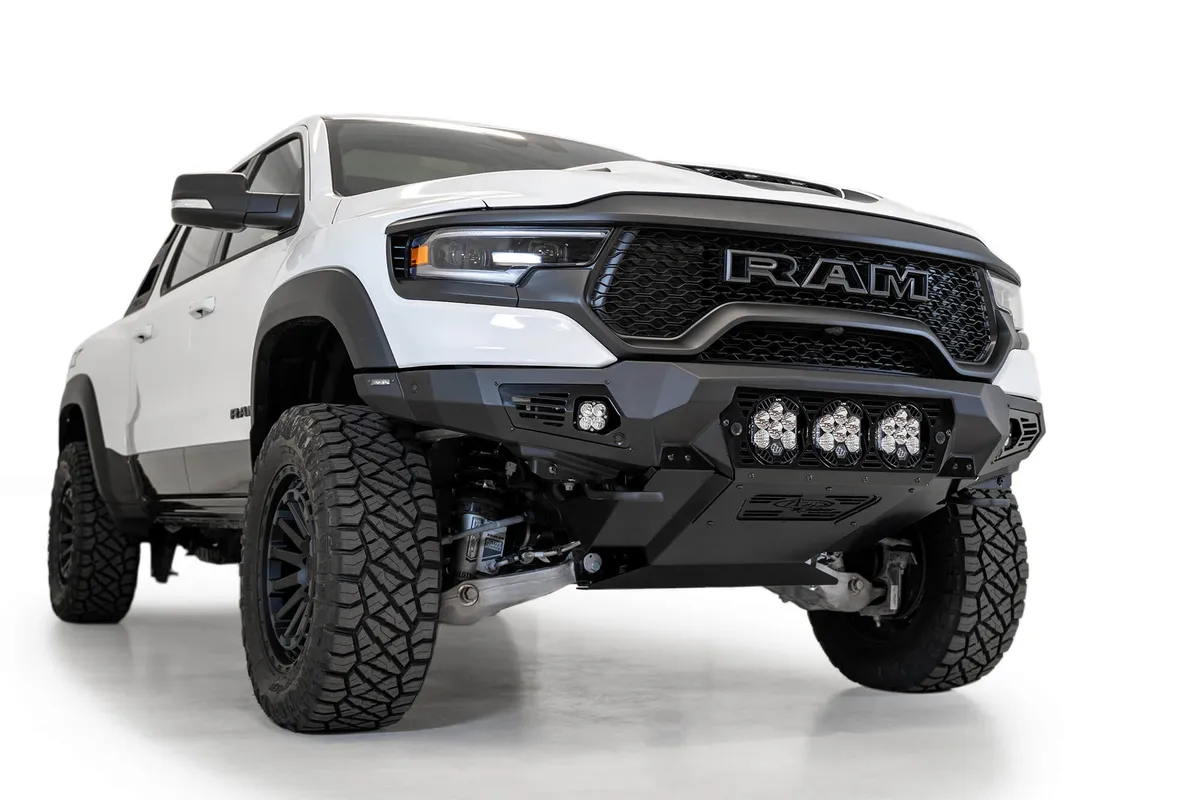 2021 - Up Ram TRX Bomber Front Bumper 3 Baja Designs LP6 Mounts and Cube Light Mounts in Side Panels with Parking Sensor Cutouts product image