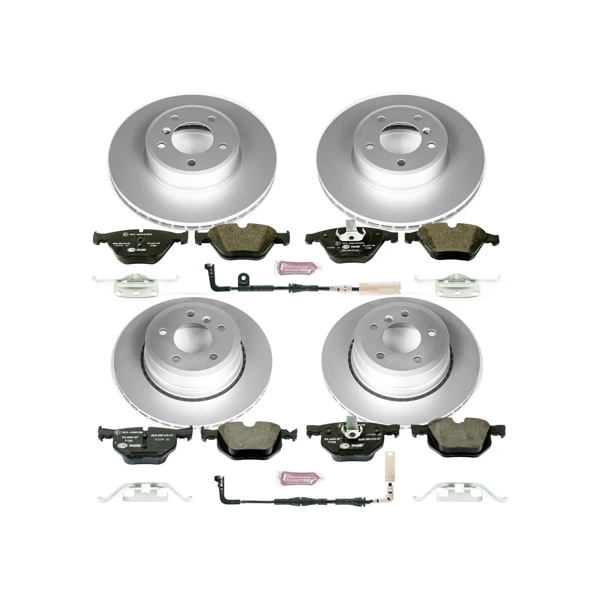Euro-Stop Kit: Genuine Geomet Fully Coated Rotors; Ece-R90 Certified Pads W/Hardware; Pad Sensors product image