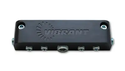 Vibrant Performance Vacuum Manifold; Anodized Black Silver; 0.375 in. Female Inlet Size; 0.125 in. Female Outlet Size; 5.5 in. Length; 1.5 in. Width; 1 in. Height; 1 Inlet pc.; 6 Outlet pcs.;