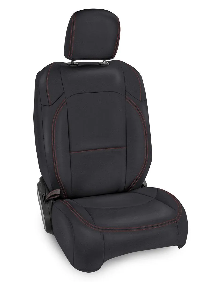 Front Seat Covers For 18-24 Jeep Wrangler JL 2 Door with Pocket Back Pair Black with Red Stitching PRP Seats product image