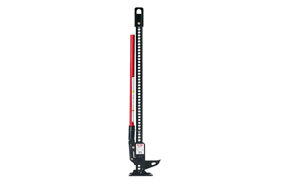 Hi-lift Jack 48 Cast Steel Model 7000 lb. Capacity 4660 Rated Capacity. Black Jack with a Red Handle.