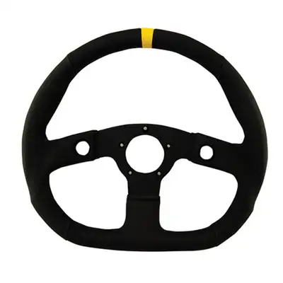 Grant Performance GT Series Steering Wheel; 13.75 in. x 12 1/2 in. Diameter; Flat Dish; D Shape; Black Vinyl Grip w/Yellow Top Marker; Black Anodized Aluminum 3-Spoke;