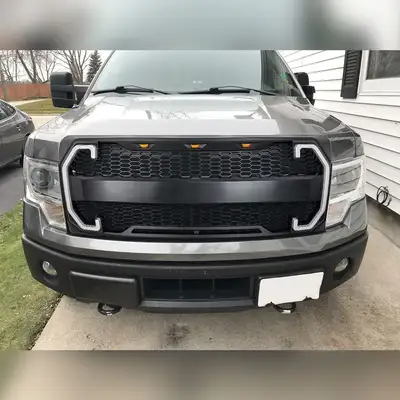 AMERICAN MODIFIED Raptor Style Mesh Grille W/ DRL & Turn Signal Lights - Matte Black For 2009-2014 Ford F150