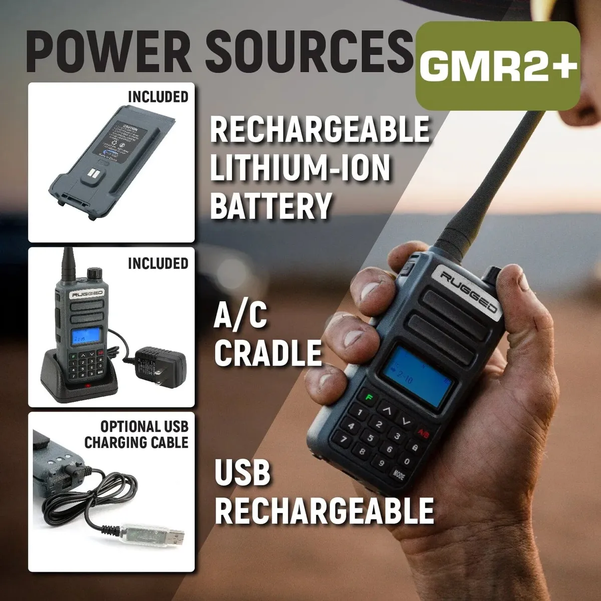 Rugged Gmr2 Plus - Gmrs And Frs Two Way Handheld Radio With Mount And Intercom Cable product image