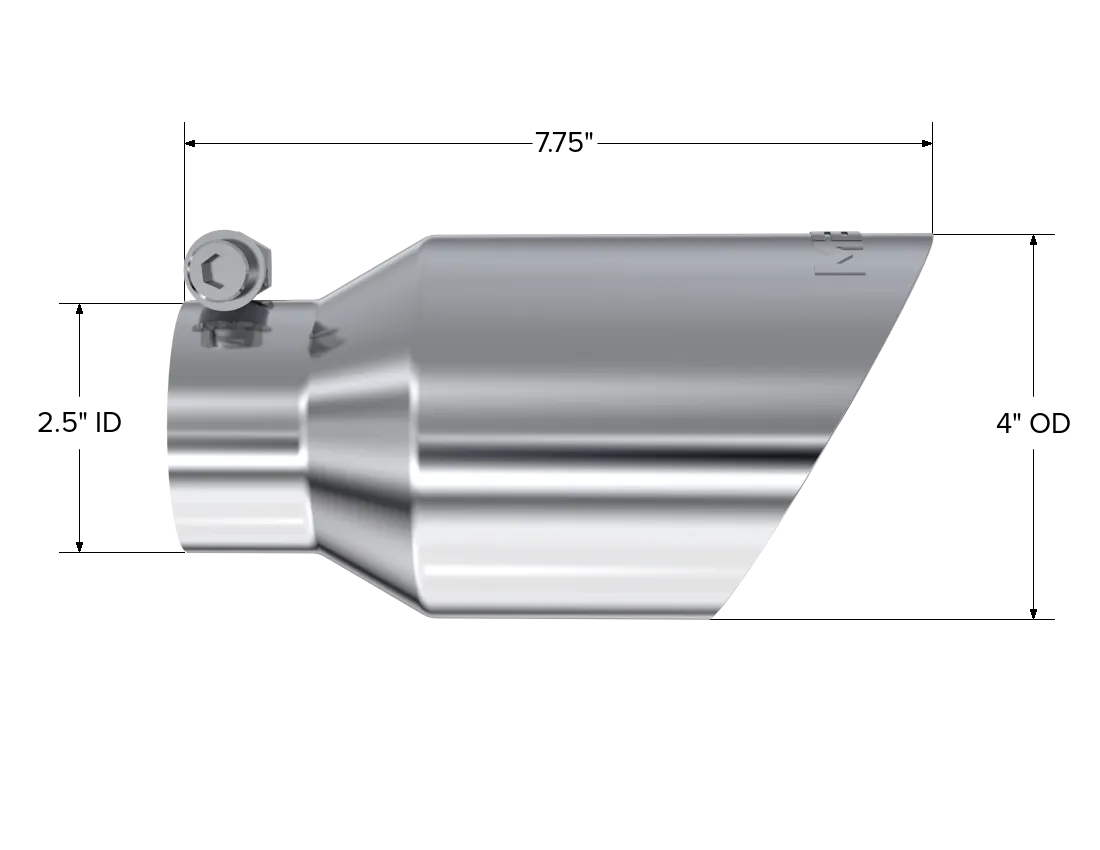 Armor Pro Exhaust Tip; 2.5 in. Inlet Diameter; 4 in. Outlet Diameter; 8 in. Length; Dual Wall; Angled; T304 Stainless Steel; Mirror Polished; product image