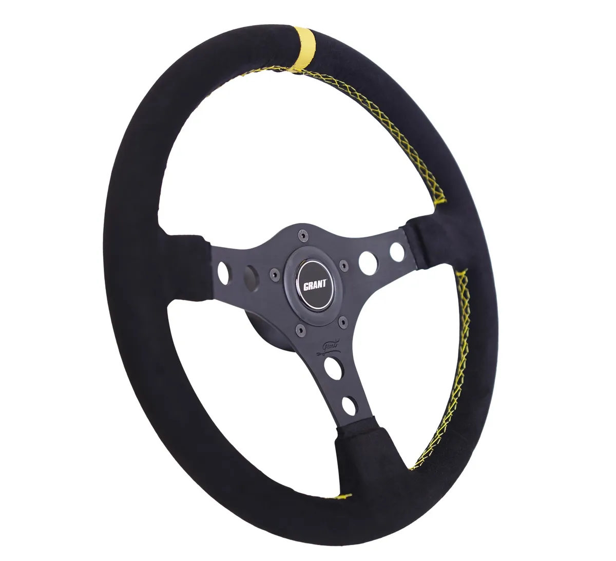 Formula GT Steering Wheel; 14 in. Diameter; 3 1/2 in. Dish; Black Suede Wheel w/Yellow Center Stripe:3-Spoke Design: 5 or 3 Hole Kit; product image