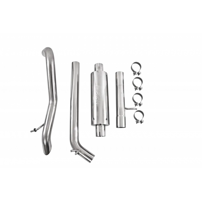 Armor Plus Cat Back Exhaust System; 2.5 in.; Incl. Ext. Pipe/Overaxle Pipe/Offroad Tailpipe/Muffler/Hardware/No Tip; Muffler Before Axle; Single Rear Exit; T409 Stainless Steel; product image