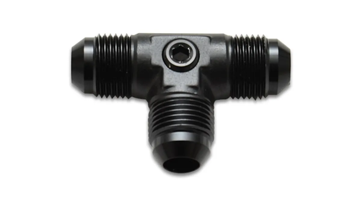 Tee Adapter Fitting; -6AN; 6061 Aluminum; Black Anodized; Male AN Flare; w/0.125 in. NPT Port; product image