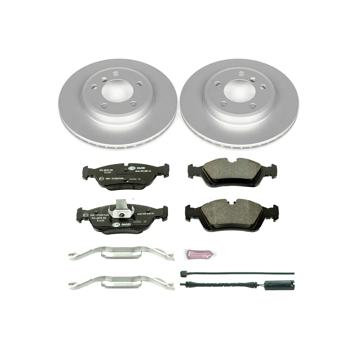 Euro-Stop Kit: Genuine Geomet Fully Coated Rotors; Ece-R90 Certified Pads W/Hardware; Pad Sensors product image