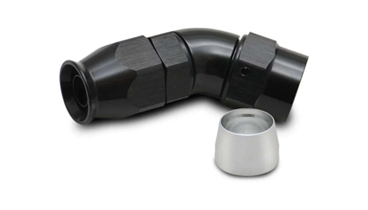 45 Degree High Flow Hose End Fitting; -6AN; 6061 Aluminum; Black Anodized; For PTFE Lined Hose; product image
