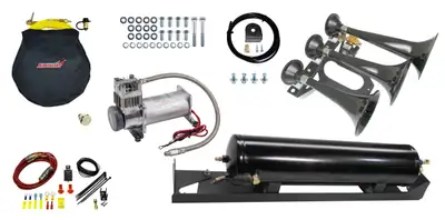 Kleinn Automotive Accessories Onboard Air System w/Horns; Includes Triple Black Horns PN[230]/ 150 PSI Air Compressor PN[6350RC]/ 3.0 Gallon Air Tank PN[6350RT]; Spare Tire Location;