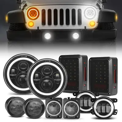 LED Factory Mart "Jeep JK 7"" Halo Headlights, 4"" Halo Fog Lamps, Front Turn Signals, Fender Turn Signals & Tail Lights"