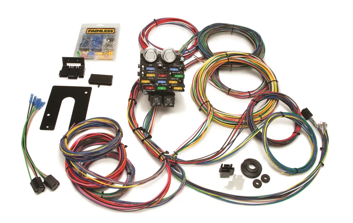 21 Circuit Pro Street Harness Kit; 12 Fuses w/Horn Relay; Incl. Fuel/Oil/Temperature Gauge/Tachometer Wiring; GM Color Coded; Circuit Designations Printed On Wires; product image