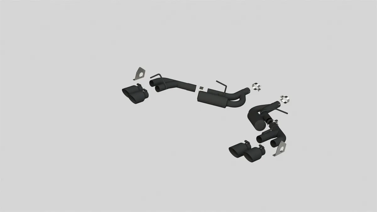Armor BLK Axle Back Exhaust System; 2.5 in.; Incl. Ext. Pipes/Tailpipes/Actuator Brackets/Hardware/Quad 4 in. OD Dual Wall Tips; Split Rear Exit; w/NPP; Black Coated; product image