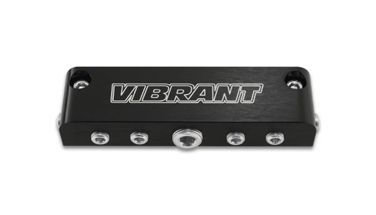 Vacuum Manifold; Anodized Black Silver; 0.375 in. Female Inlet Size; 0.125 in. Female Outlet Size; 5.5 in. Length; 1.5 in. Width; 1 in. Height; 1 Inlet pc.; 6 Outlet pcs.; product image