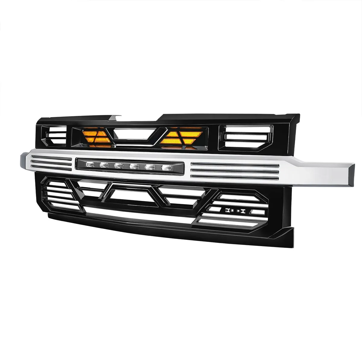 Armor Front Grille W/ Off-Road Lights & Amber Lights - Chrome Glossy Black For 2019-2022 Chevy Silverado 1500 product image