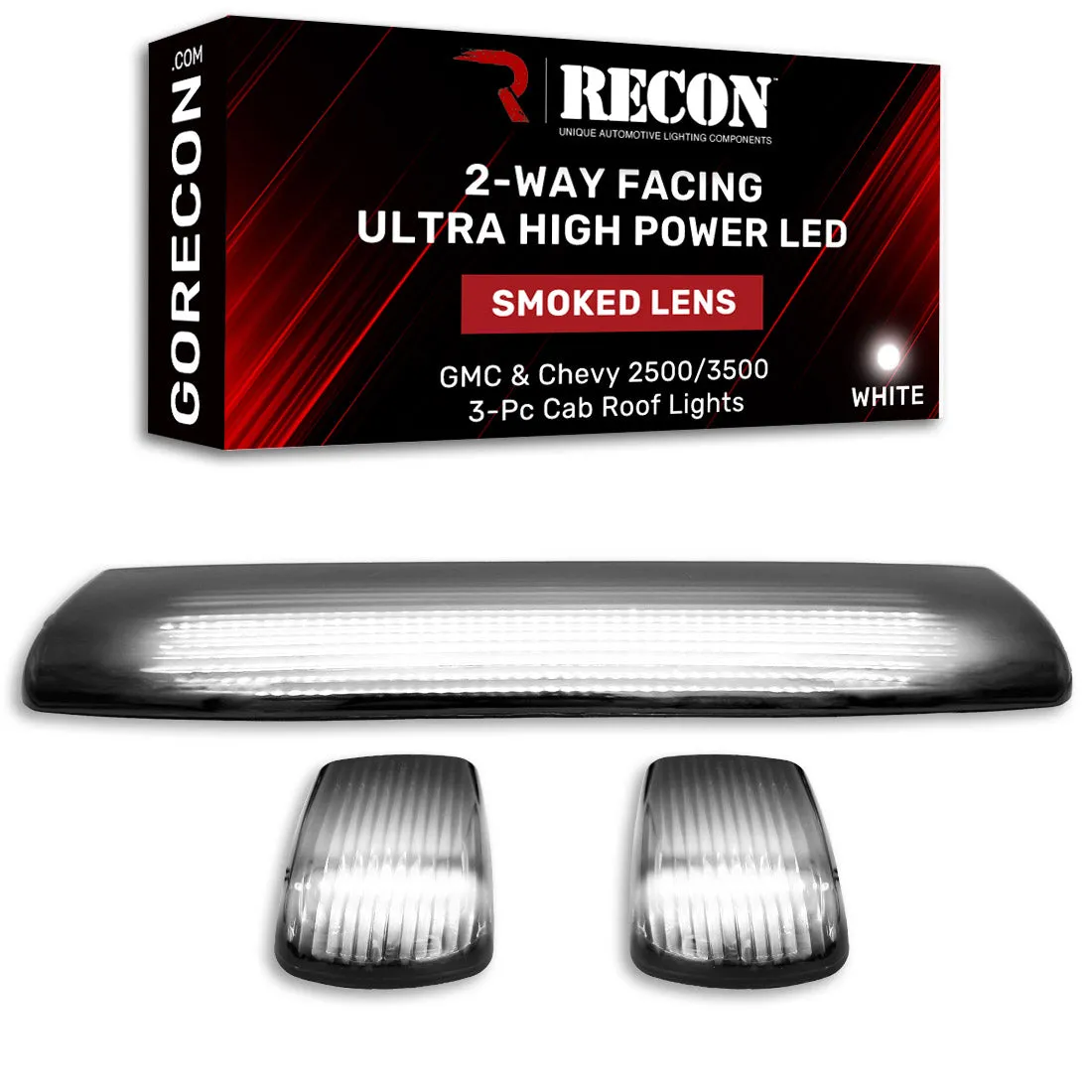 Gmc Chevy 15-19 3rd Gen Body Style Heavy-Duty 3-Piece Set Smoked Cab Roof Light Lens With 2-Way Forward Rear Facing White Ultra High-Power Leds - Plug-N-Play Installation Replaces OEM Installed Cab Roof Lights product image