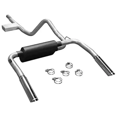 Flowmaster 98-02 Chev. Camaro / Pontiac Firebird 3.8L V6 (W/Slip Fit Cat) Incl. Resonator 2.50in Outlets 5.00in x 10.00in 80 Series Crossflow Muffler 3.00in Logo Embossed Stainless Tips American Thunder DOR Mandrel Bent Tubing 16 Gauge Aluminized Steel