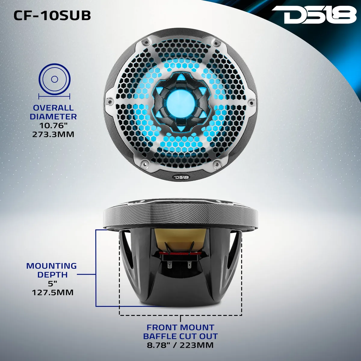 Nxl 10" Marine Subwoofer With LED RGB Lights 300 Watts Rms Svc 4-Ohm -Black Carbon Fiber product image