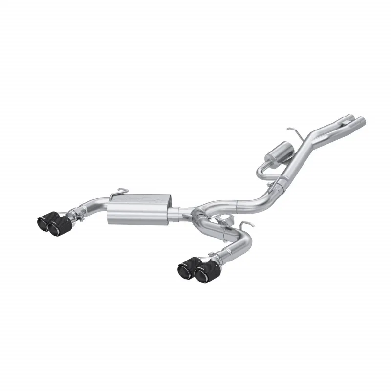 Armor Pro Cat Back Exhaust System; 3 in.; Quad Split Rear; 3.5 in. Dual Out Carbon Fiber Tips; 304 Stainless Steel; product image