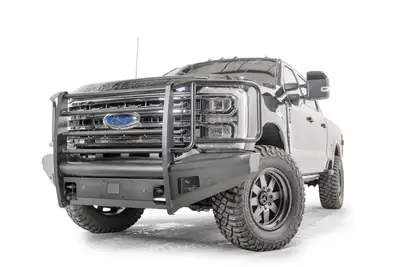 Fab Fours Elite Front Bumper; Black Steel; w/Full Grill Guard; Sensor Compatible; Black Matte;