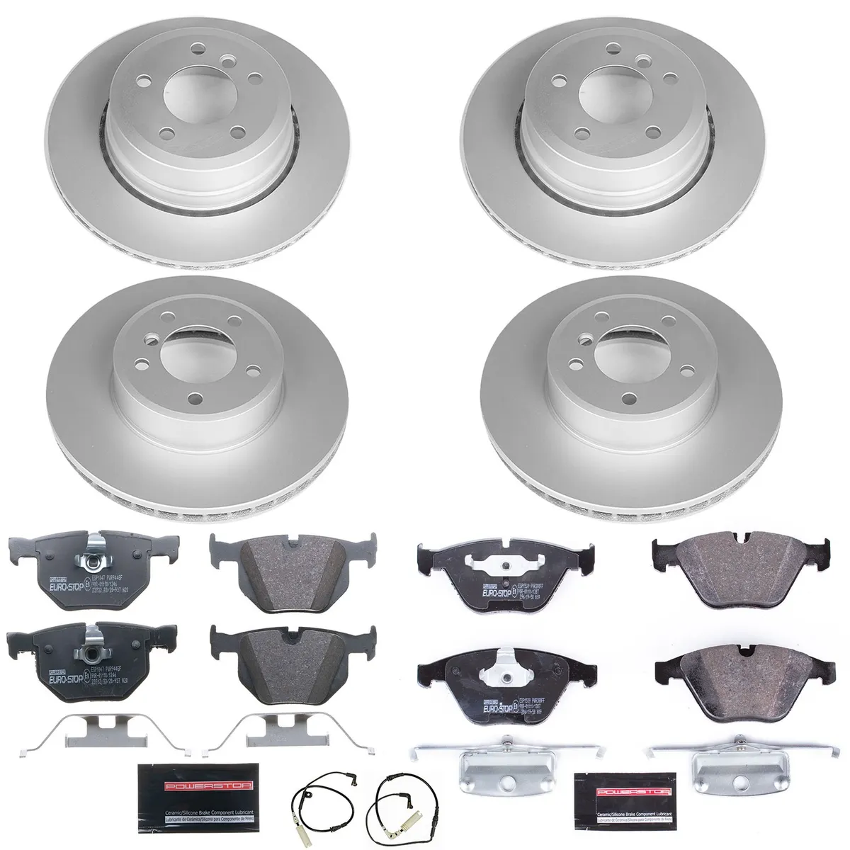 Euro-Stop Kit: Genuine Geomet Fully Coated Rotors; Ece-R90 Certified Pads W/Hardware; Pad Sensors product image