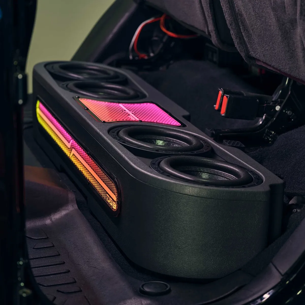 Jeep Gladiator JT 2020-Up | 4 x 8” Subwoofers Included (Zr8 .2d) | Upfiring | Underseat | Sealed Box | Exclusive Black Leather | Digital LED Lights Ebm Direct Fit Subwoofer Enclosure For Jeep Gladiator 2020-2024 (Speakers Not Included) product image