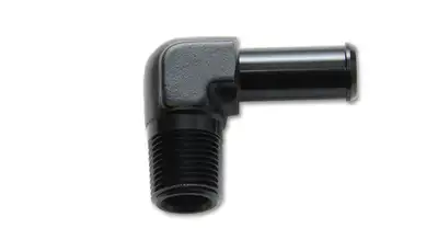 Vibrant Performance 90 Degree NPT To Hose Barb Adapter Fitting; 0.5 in. NPT; 0.625 in. Hose; 6061 Aluminum; Black Anodized; Male;