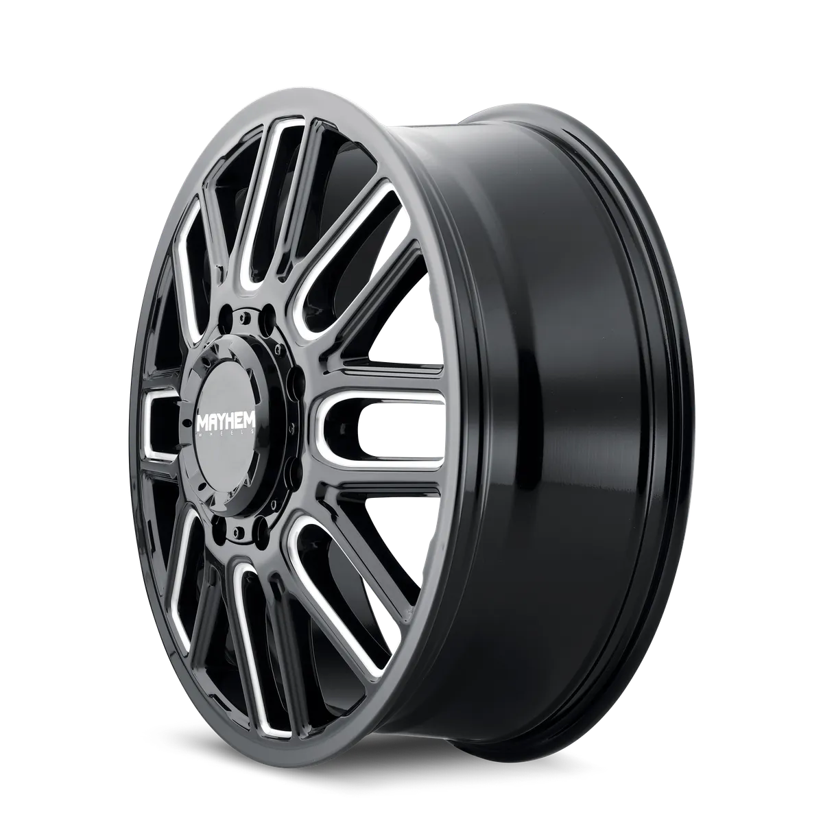 Mayhem Dually Wheels Cogent Dually 8107D 20x8.25 Front Dually Milled Spokes Gloss Black 115 Off Set 8 Lug 9.15 BSM 154.2 Bore Cast Aluminum product image