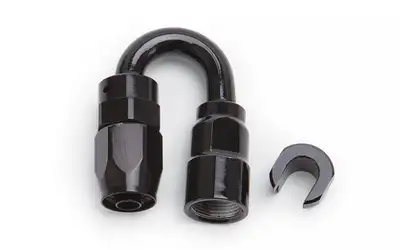 Edelbrock Hose End. 3/8 SAE Quick Disconnect Female to #6 Hose. 180 Degree. Black Anodized