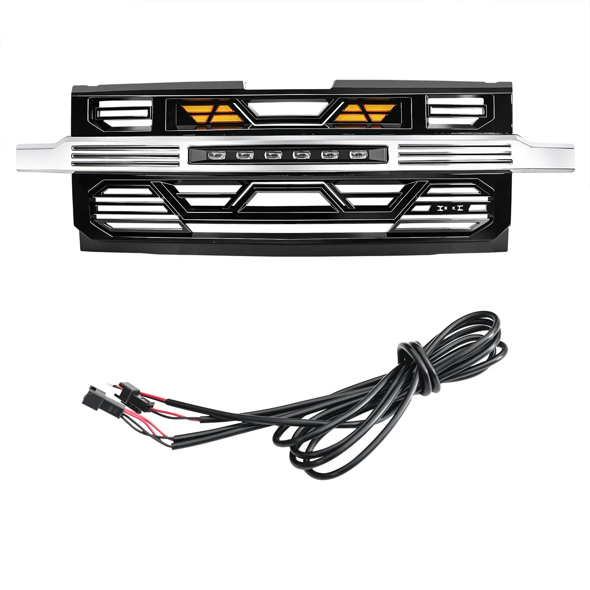 Armor Front Grille W/ Off-Road Lights & Amber Lights - Chrome Glossy Black For 2019-2022 Chevy Silverado 1500 product image